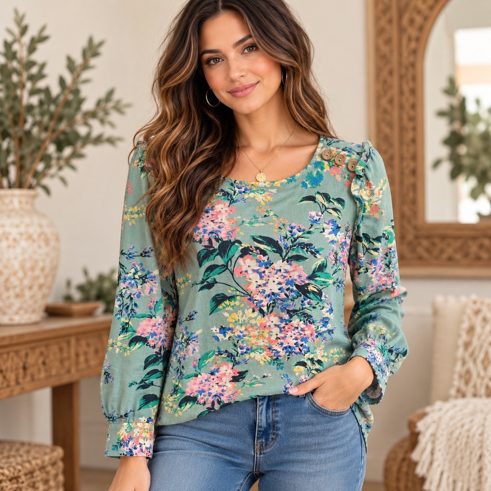 LC Lauren Conrad Floral Ruffle Shoulder Blouse Sage Green XS Long Sleeve Top